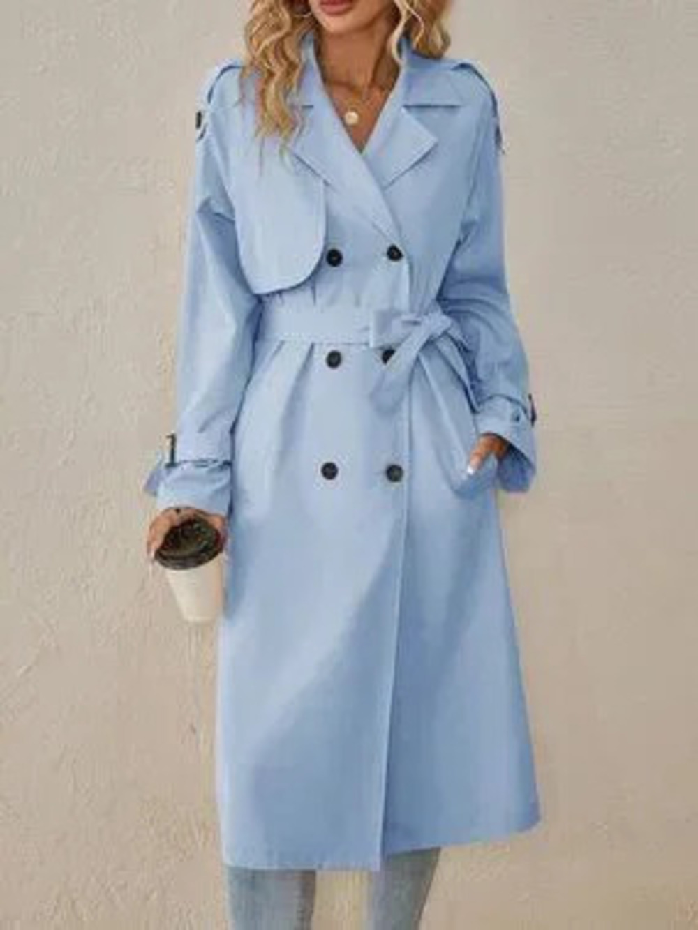 ZARA Baby Blue Elegant Women's Double-Breasted Casual Long-Sleeved Trench Coat